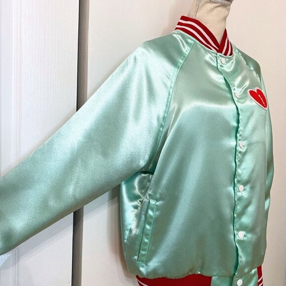 TUESDAY BASSEN MIXED EMOTIONS SATIN BOMBER JACKET IN MINT AND RED - XL - Picture 4 of 11